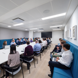 Large team meeting in one of the conference rooms in London.