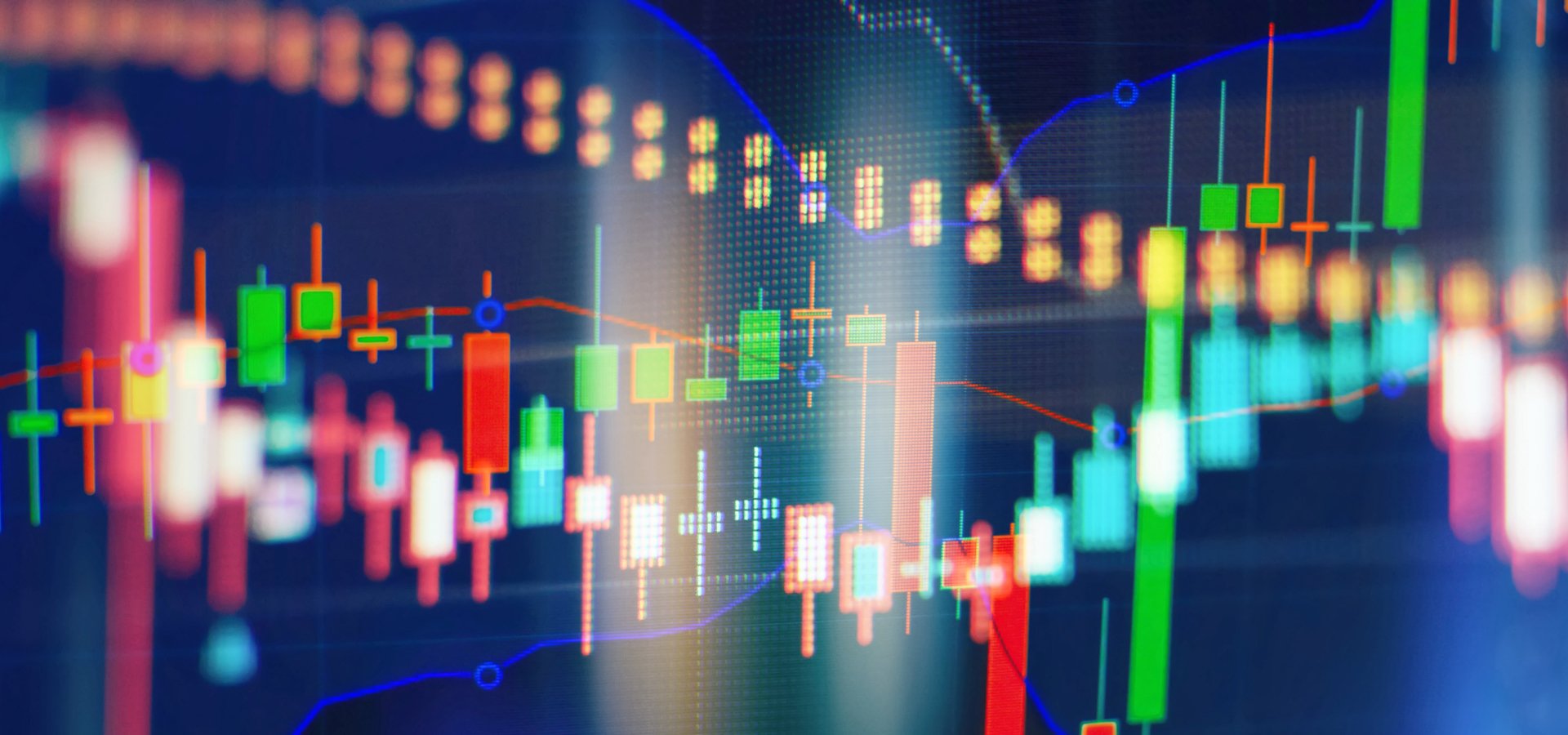 Abstract financial markets composition featuring contrasting red and green bar chart shapes.