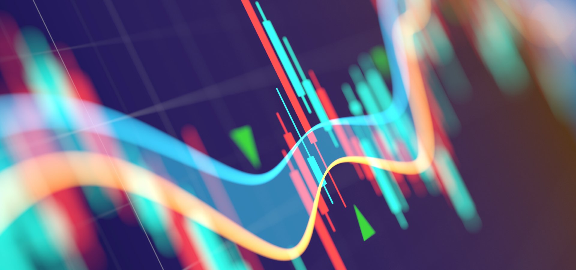 Abstract financial markets composition featuring contrasting red and blue bar chart shapes with overlapping curved blue and yellow lines.