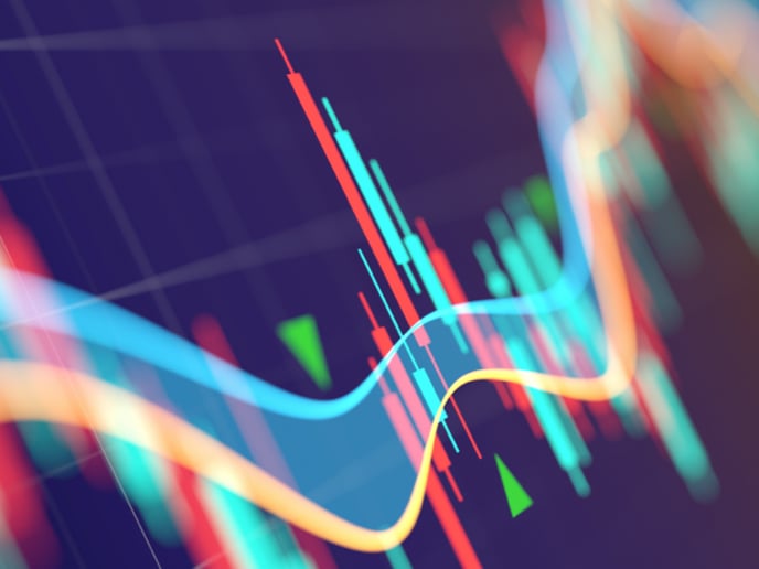 Abstract financial markets composition featuring contrasting red and blue bar chart shapes with overlapping curved blue and yellow lines.