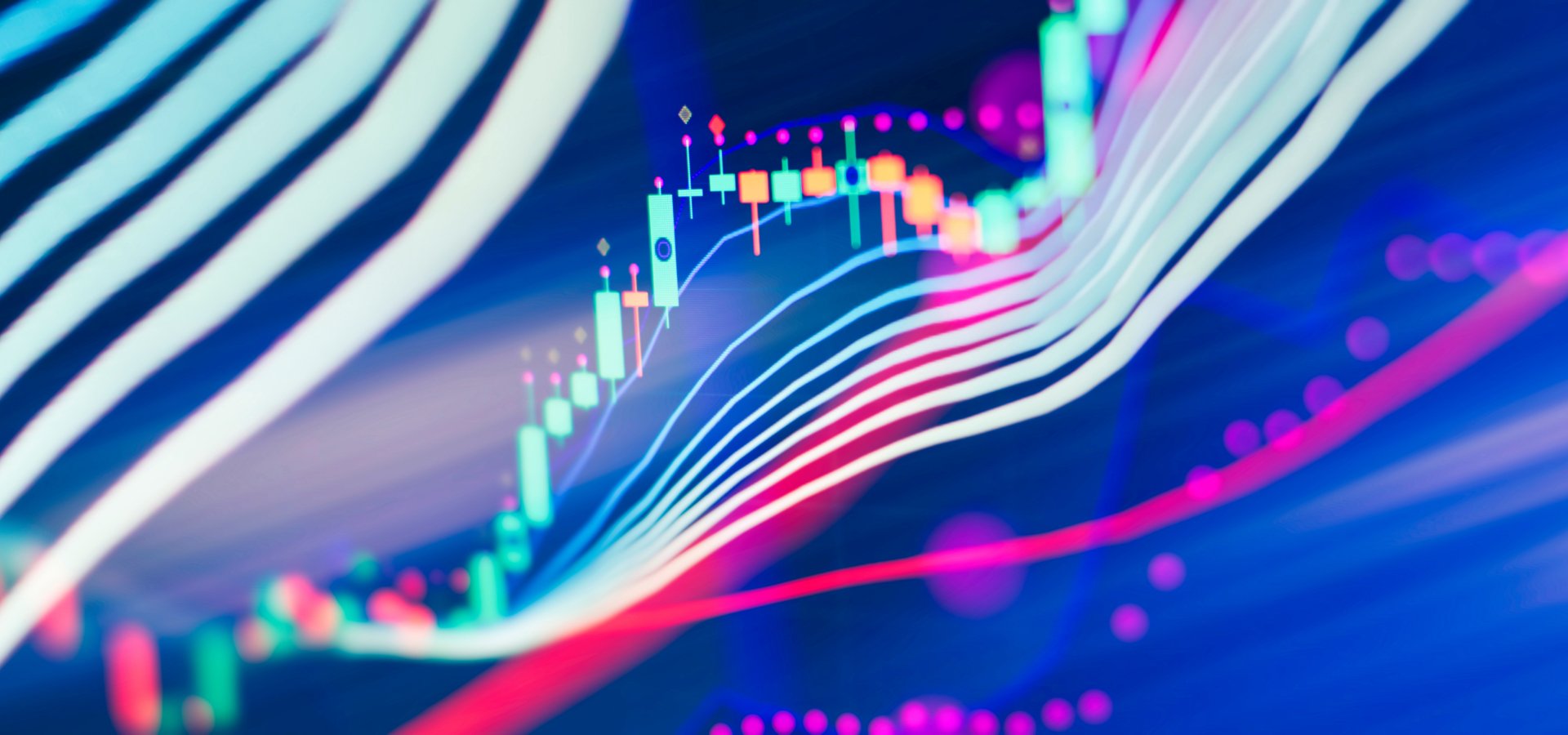 Neon blue and pink chart of stock market investment trading. 