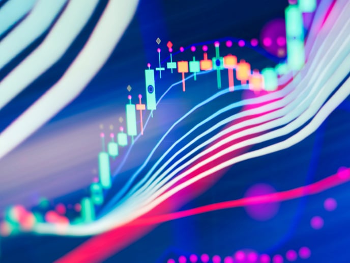 Neon blue and pink chart of stock market investment trading. 