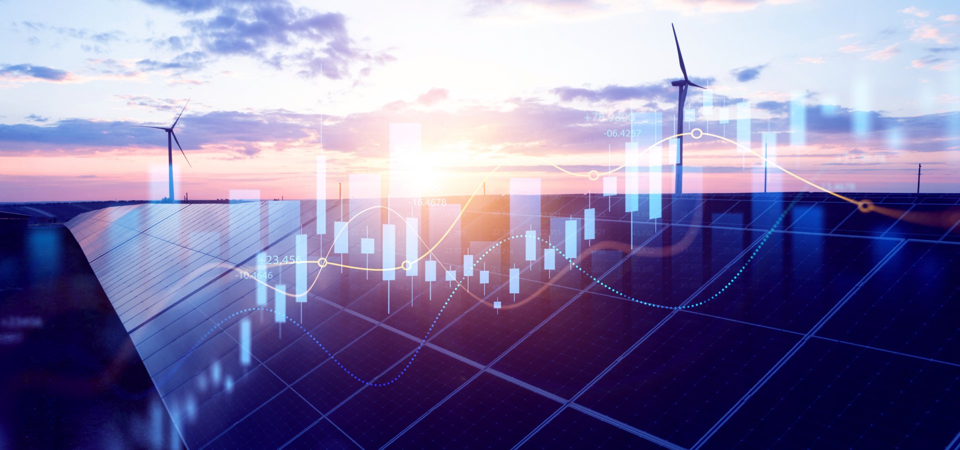 Sunset view of solar panels and wind turbines with abstract overlay of blue, yellow and red line and bar chart shapes.