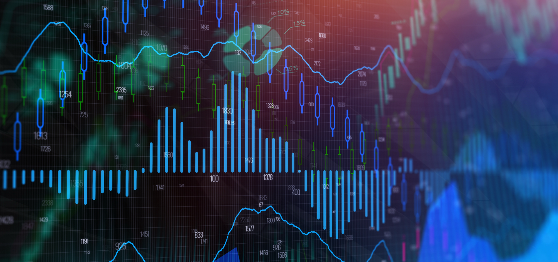 Abstract composition with bar and pie charts in a blue and green color scheme.
