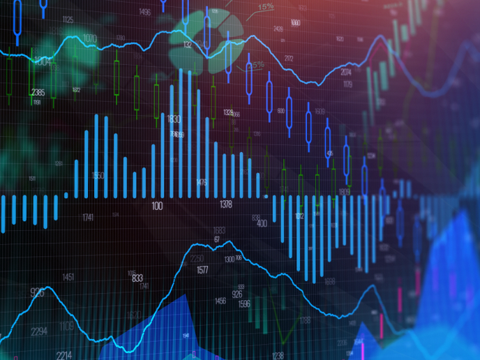 Abstract composition with bar and pie charts in a blue and green color scheme.