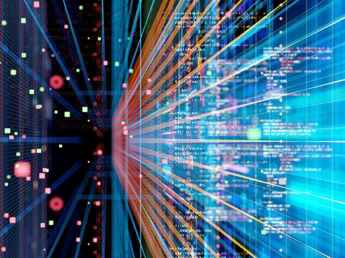 Abstract composition with blue lines and dots.