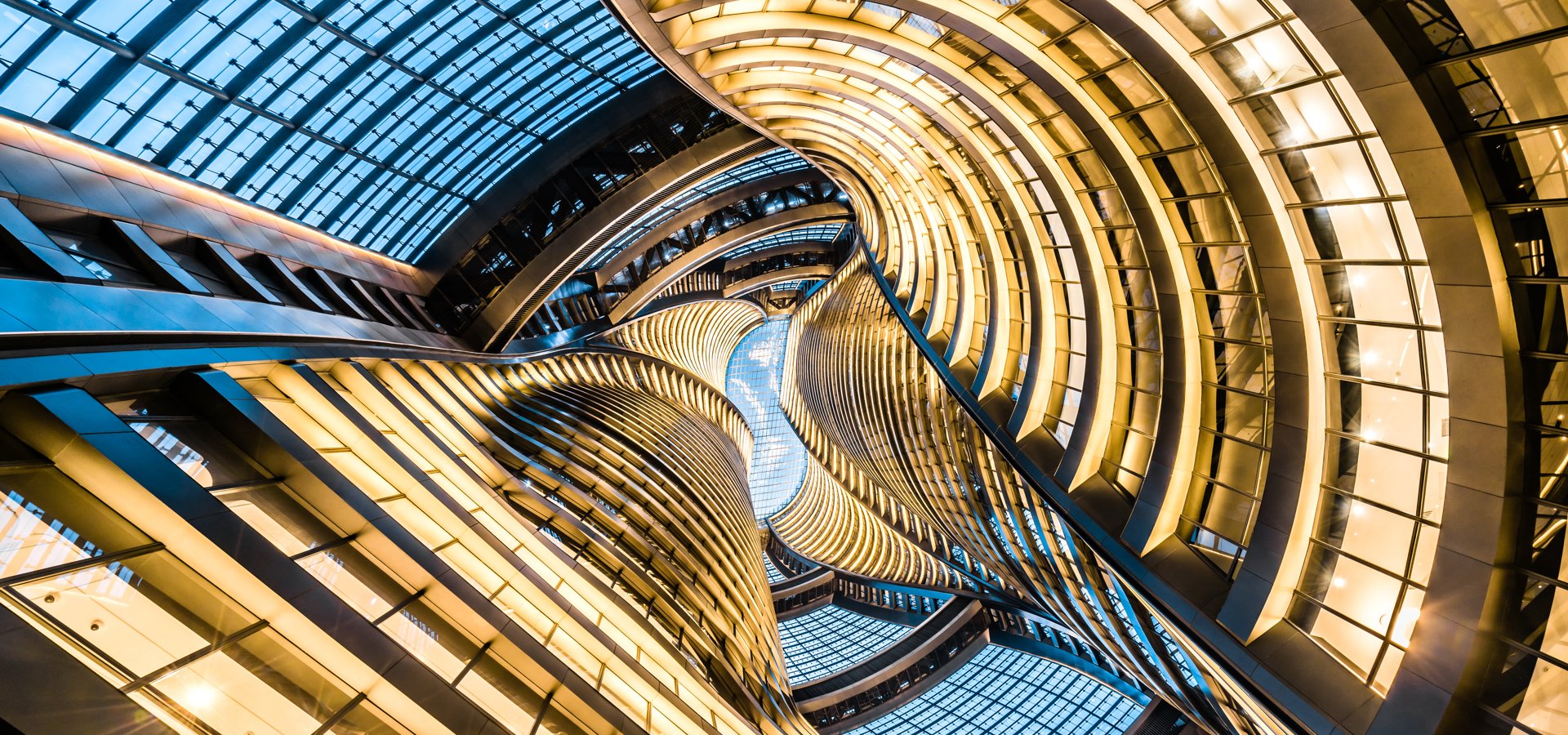 Upward view of office buildings.