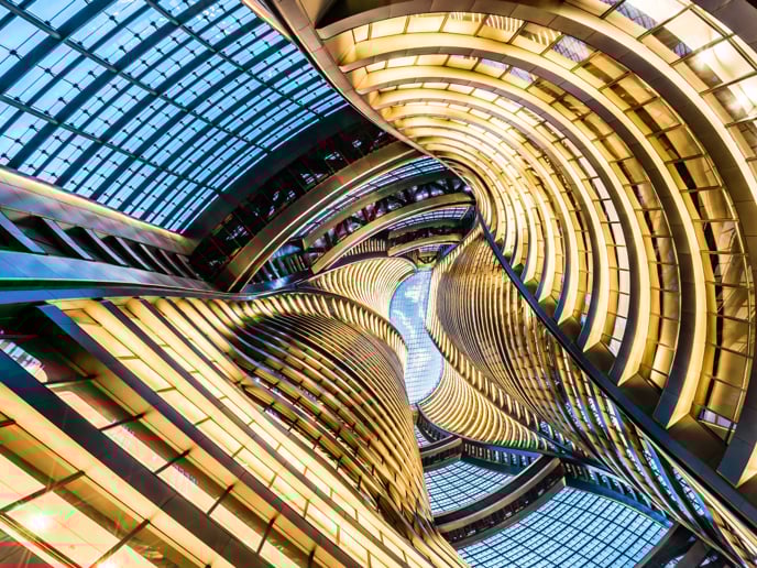 Upward view of office buildings.