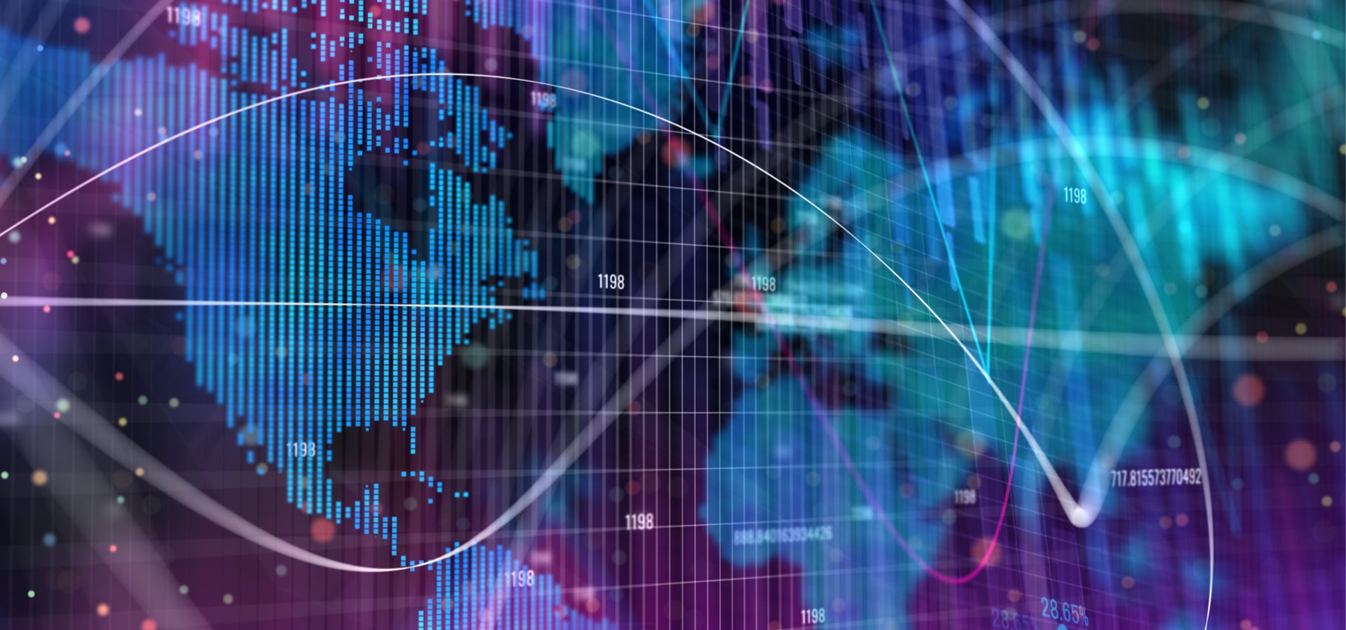 Global map composition with purple and blue colors.