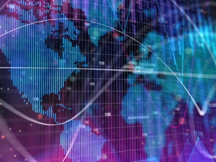 Global map composition with purple and blue colors.