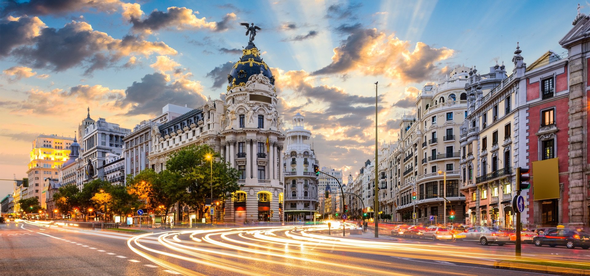 Madrid, Spain cityscape at sunset
