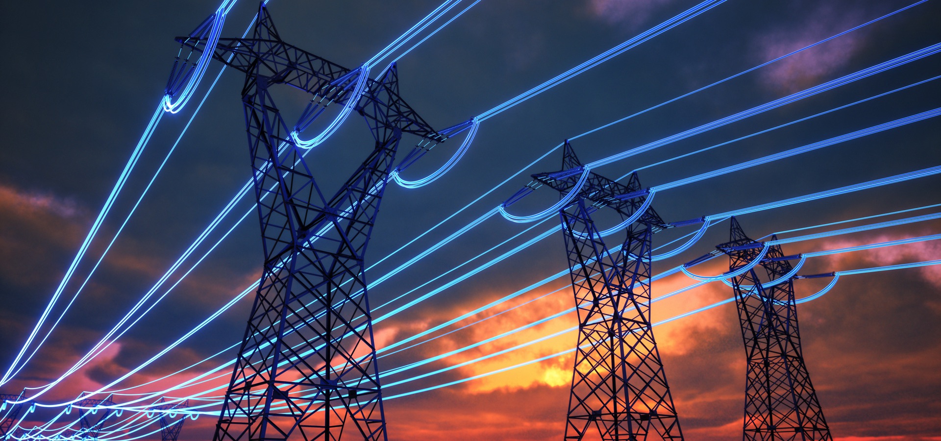 High‑voltage power transmission towers with glowing lines representing electricity flow at sunset.