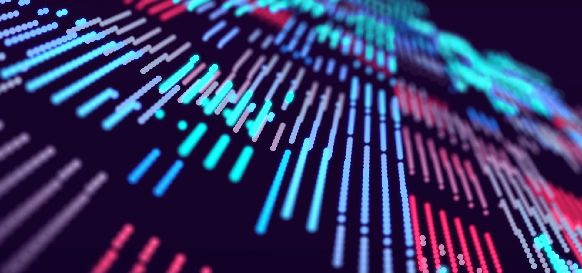 Abstract digital visualization of data streams with multicolored lines and bars on a dark background.