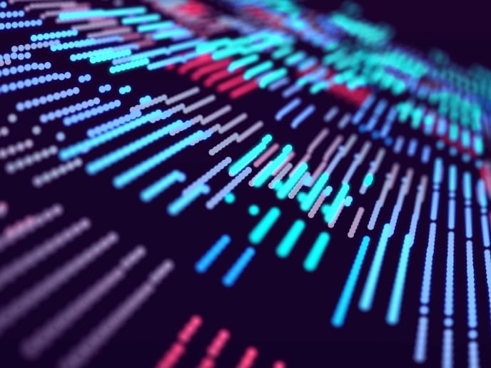 Abstract digital visualization of data streams with multicolored lines and bars on a dark background.
