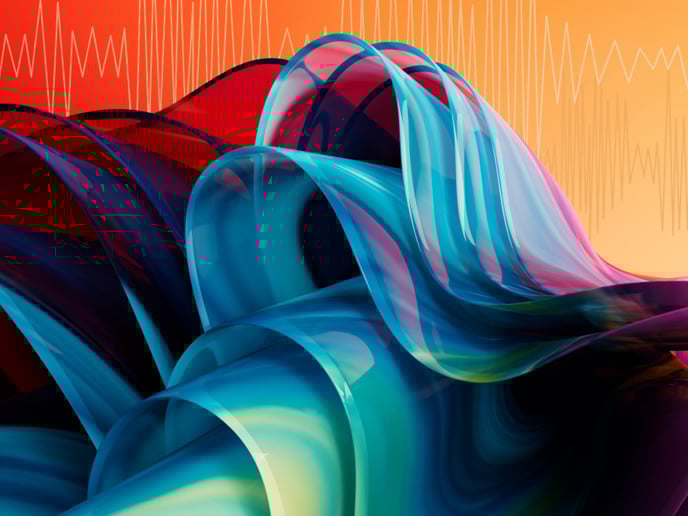 Abstract waves in blue and purple hues on a orange and yellow background.