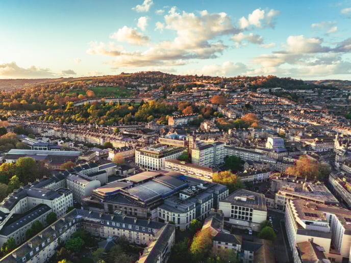 Aerial view of the houses in the city of Bath, United Kingdom.