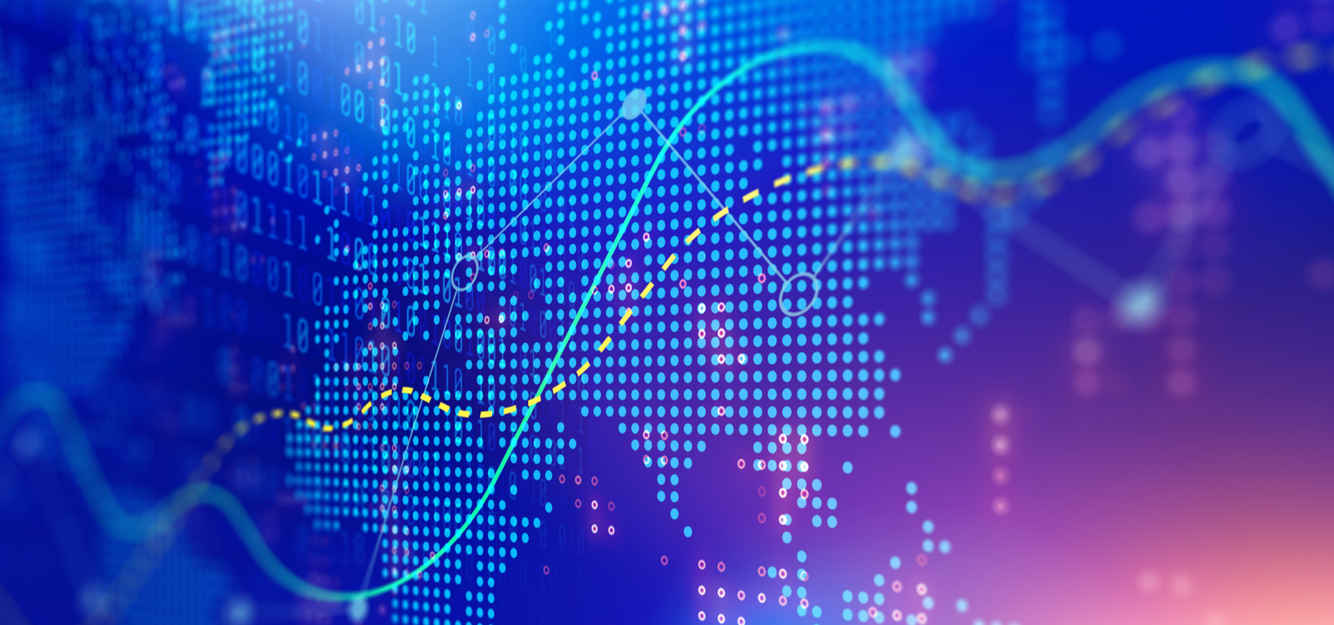 Abstract composition with a global map overlayed in a blue and purple color scheme.