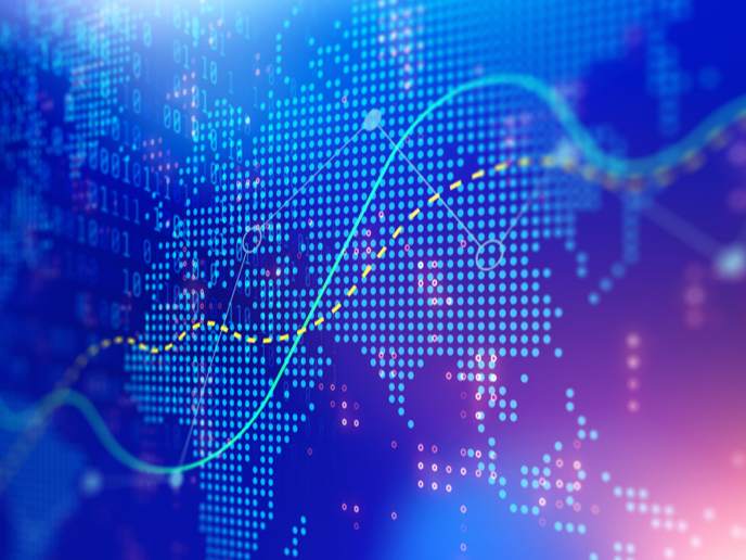 Abstract composition with a global map overlayed in a blue and purple color scheme.