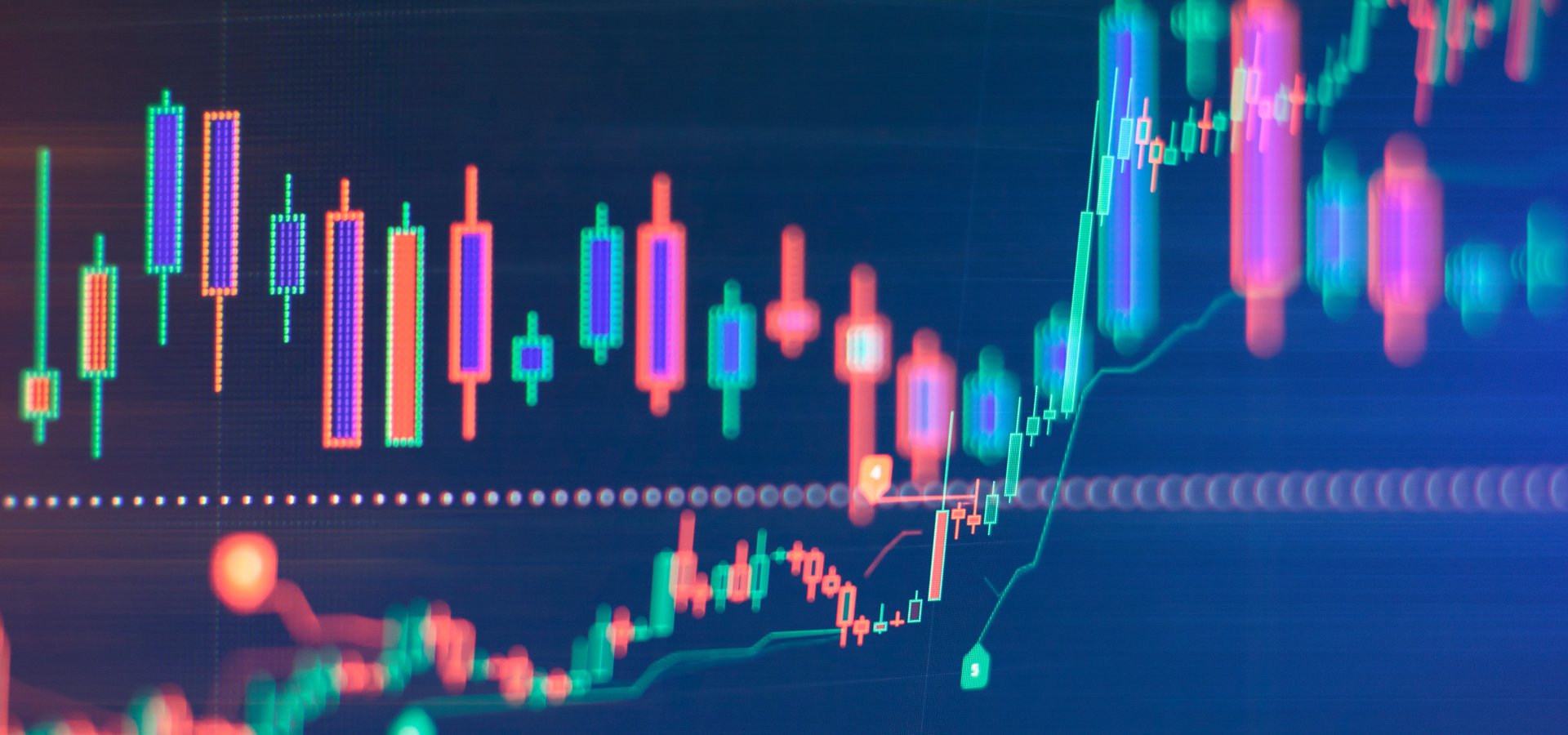 Abstract financial markets composition featuring contrasting teal, red and purple bar chart shapes.