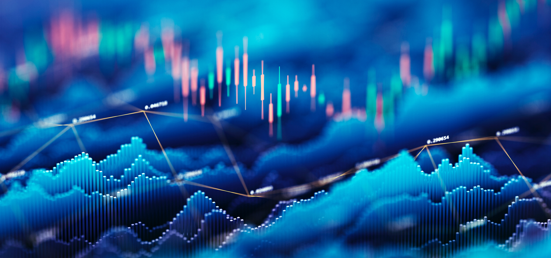 Abstract financial markets composition featuring contrasting blue bar chart shapes.