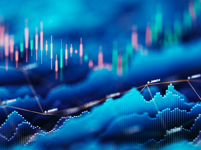 Abstract financial markets composition featuring contrasting blue bar chart shapes.