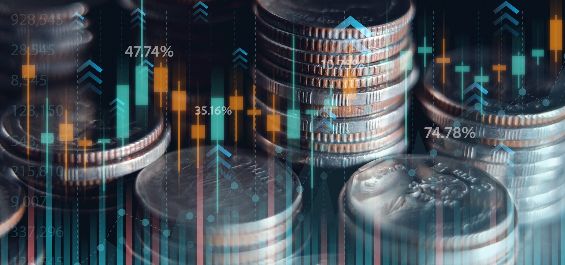 Stacks of coins with overlaid digital charts and percentage indicators representing investment performance and market growth.