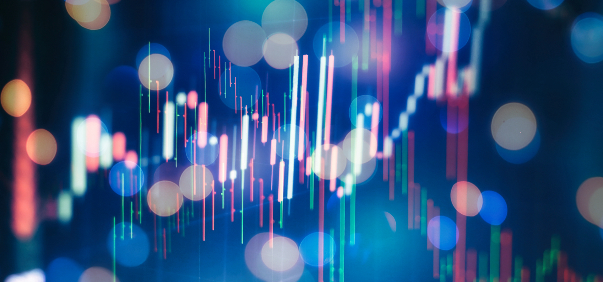Abstract financial markets composition featuring contrasting colorful dots and a light purple line chart.