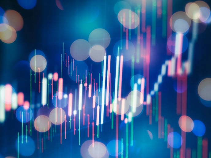 Abstract financial markets composition featuring contrasting colorful dots and a light purple line chart.