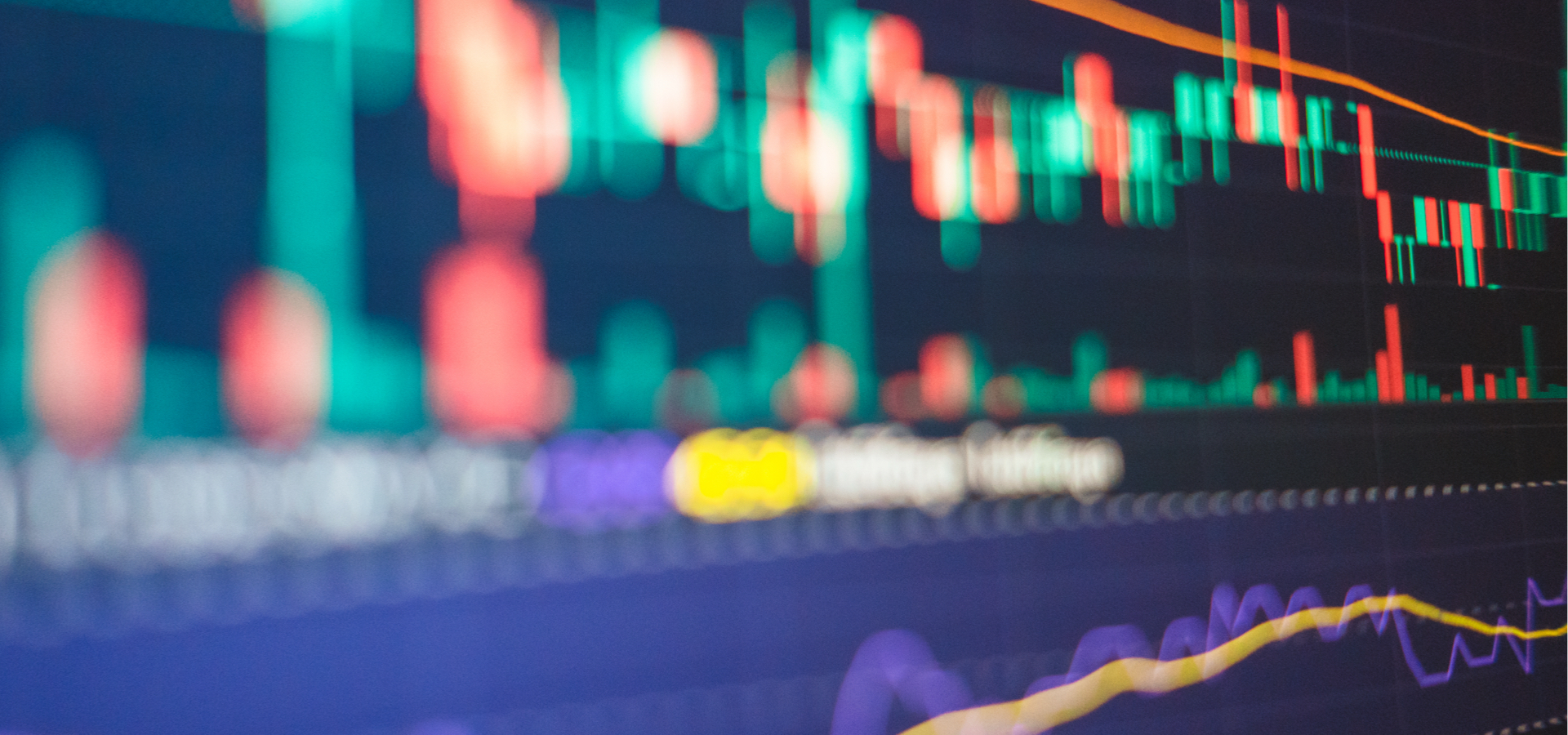 Abstract financial markets composition featuring contrasting teal, red, purple and yellow bar chart shapes.