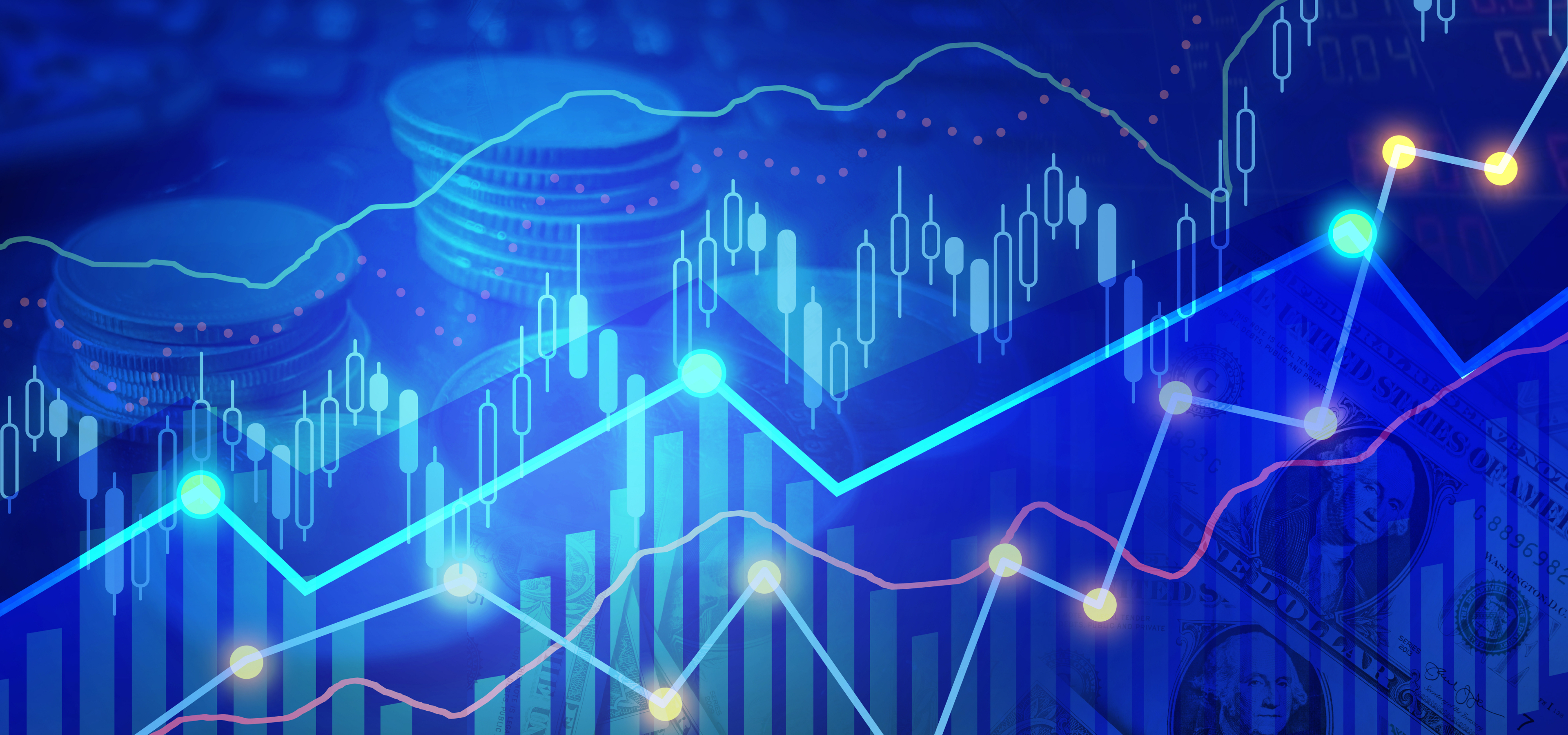 Abstract composition of a blue and yellow line charts overlaying stacks of coins.