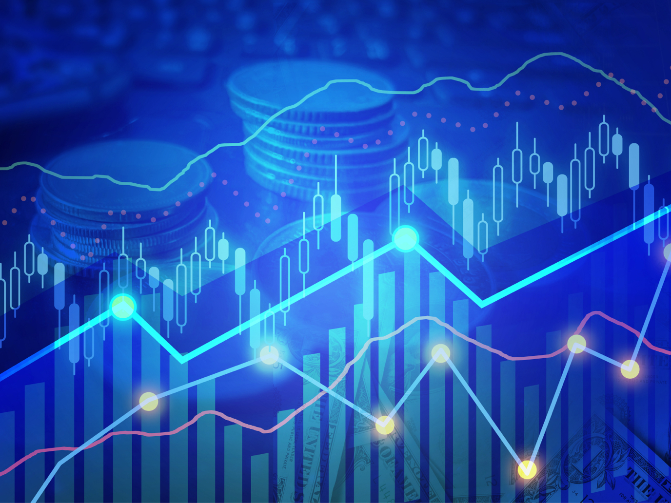Abstract composition of a blue and yellow line charts overlaying stacks of coins.