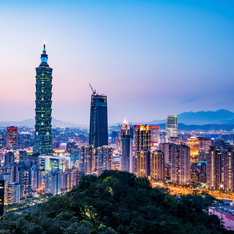 Skyline view of Taipei, Taiwan at twilight. 