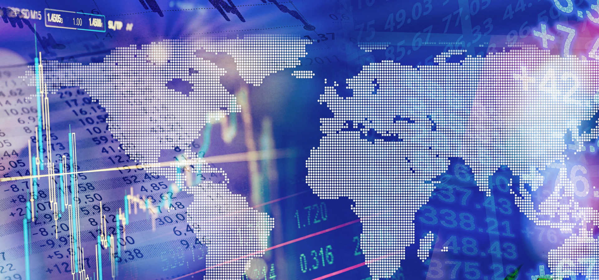 Global map overlaid with stock market charts and data, representing emerging markets equities.