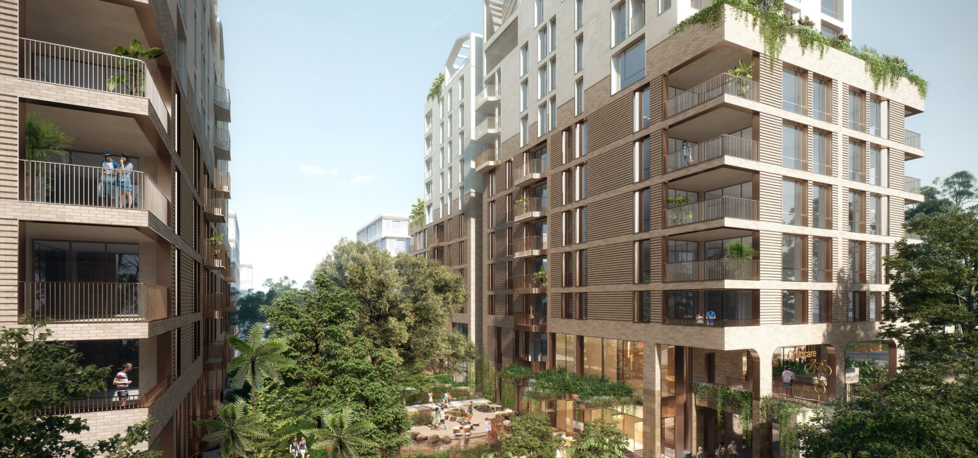 A residential building with trees and a courtyard.