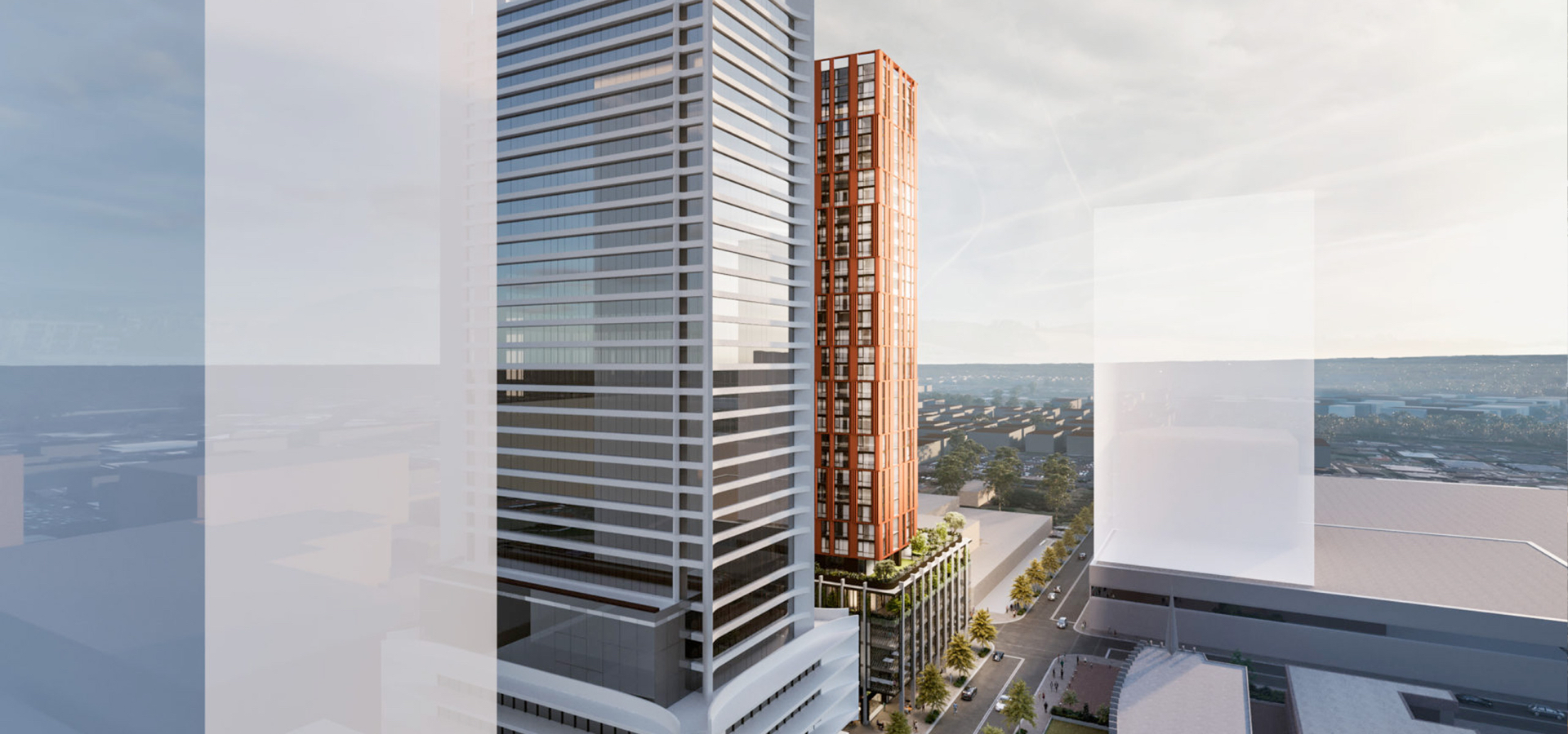 A view of two residential buildings from a tall building.