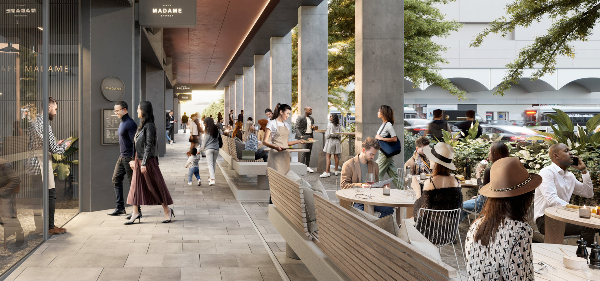 People eating and drinking outside at tables of a residential building.