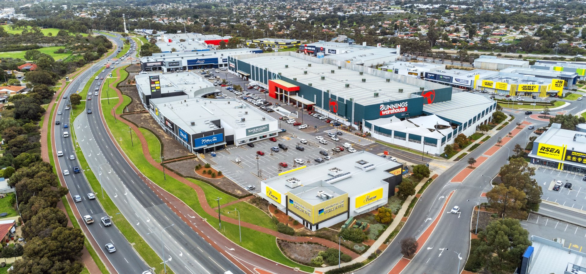 Aerial view of a shopping center.