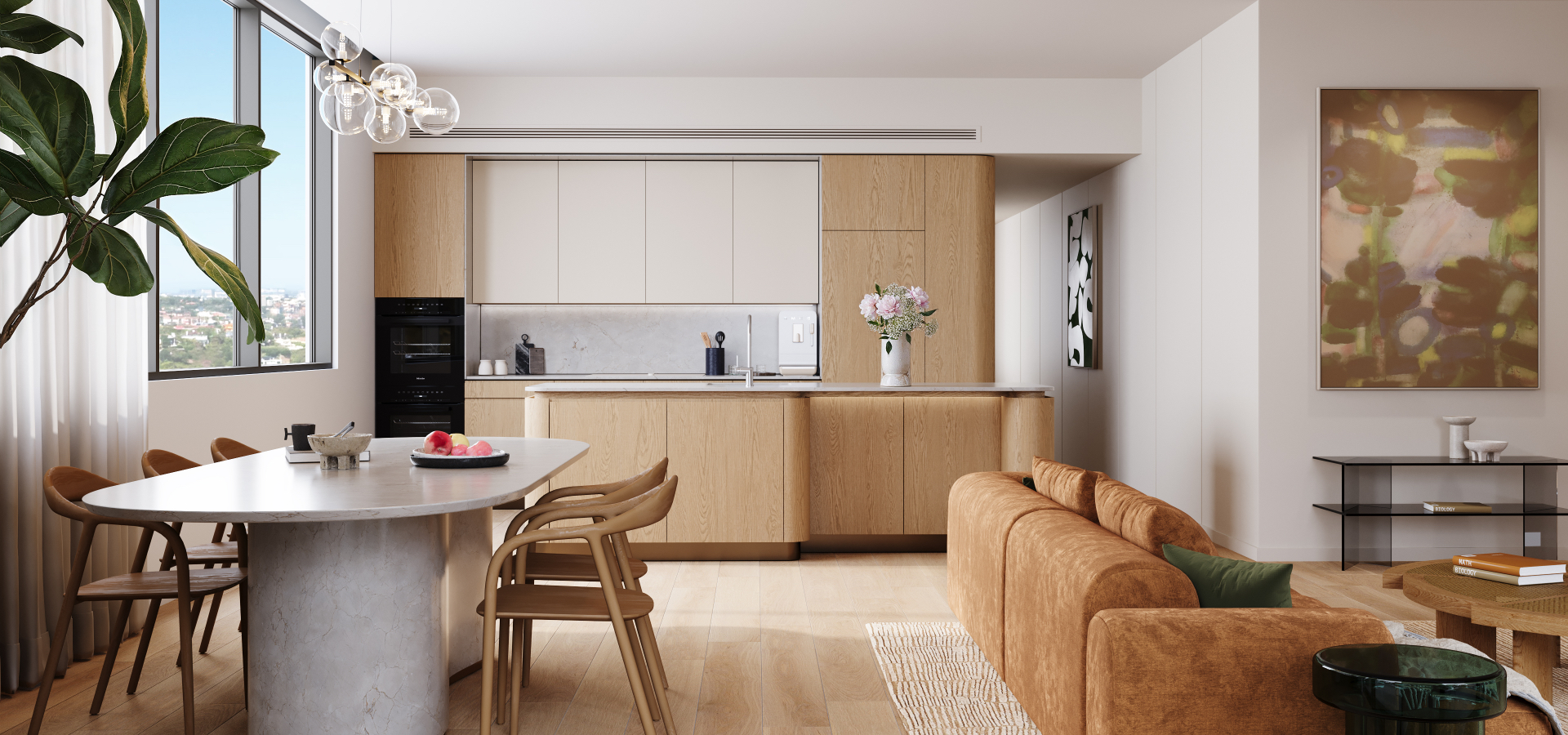 A kitchen with a table and chairs connected to the living room. 
