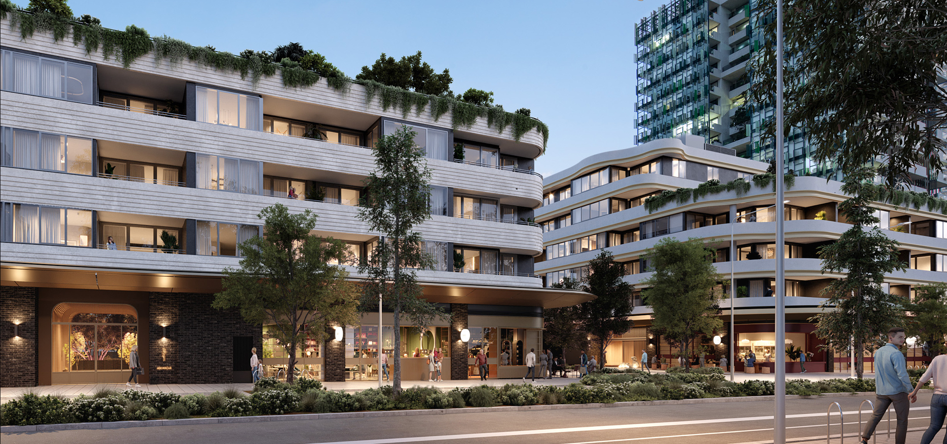 A group of buildings with trees.
