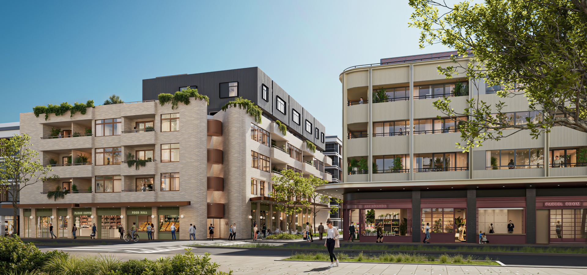 A group of buildings with trees.