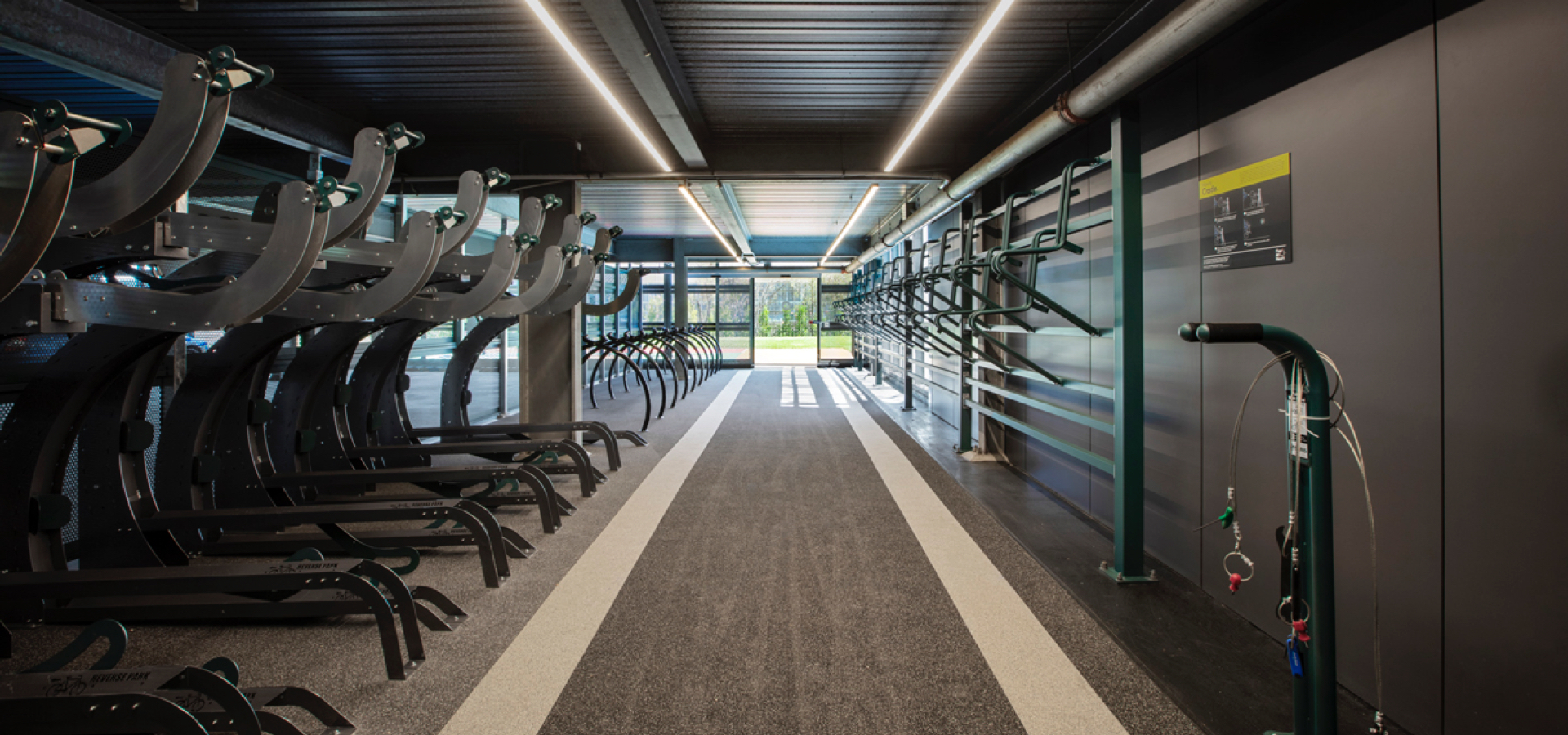 A room with bike racks.