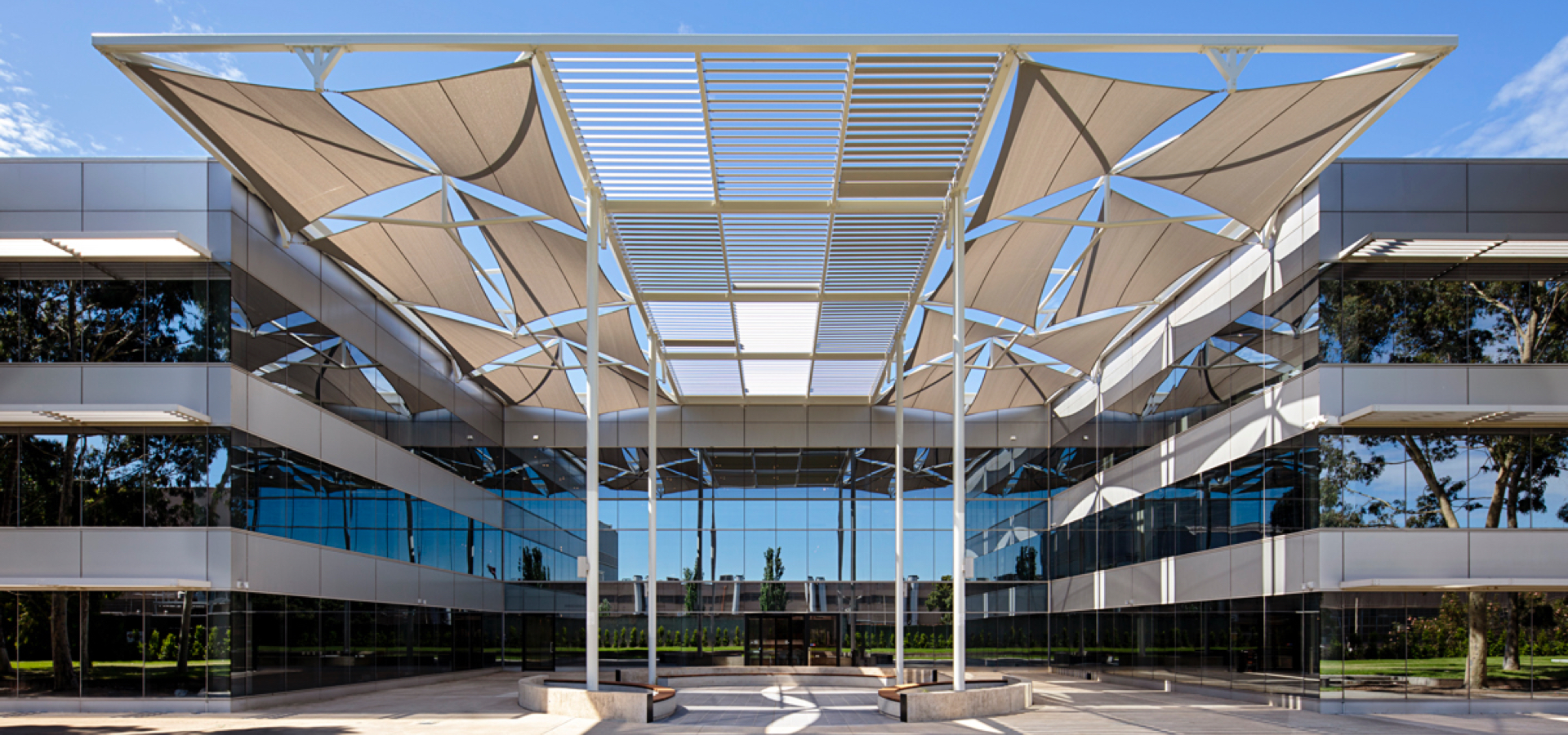 A building with a roof covered with glass.
