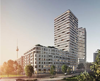 A white, brick and glass residential building with a smaller building connected to two taller high-rises. 