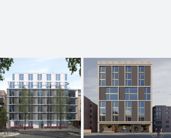 Renderings of a seven story, white residential building with trees in front of it and a brown and glass, residential building with the name "Churchinn" on   top of it. 